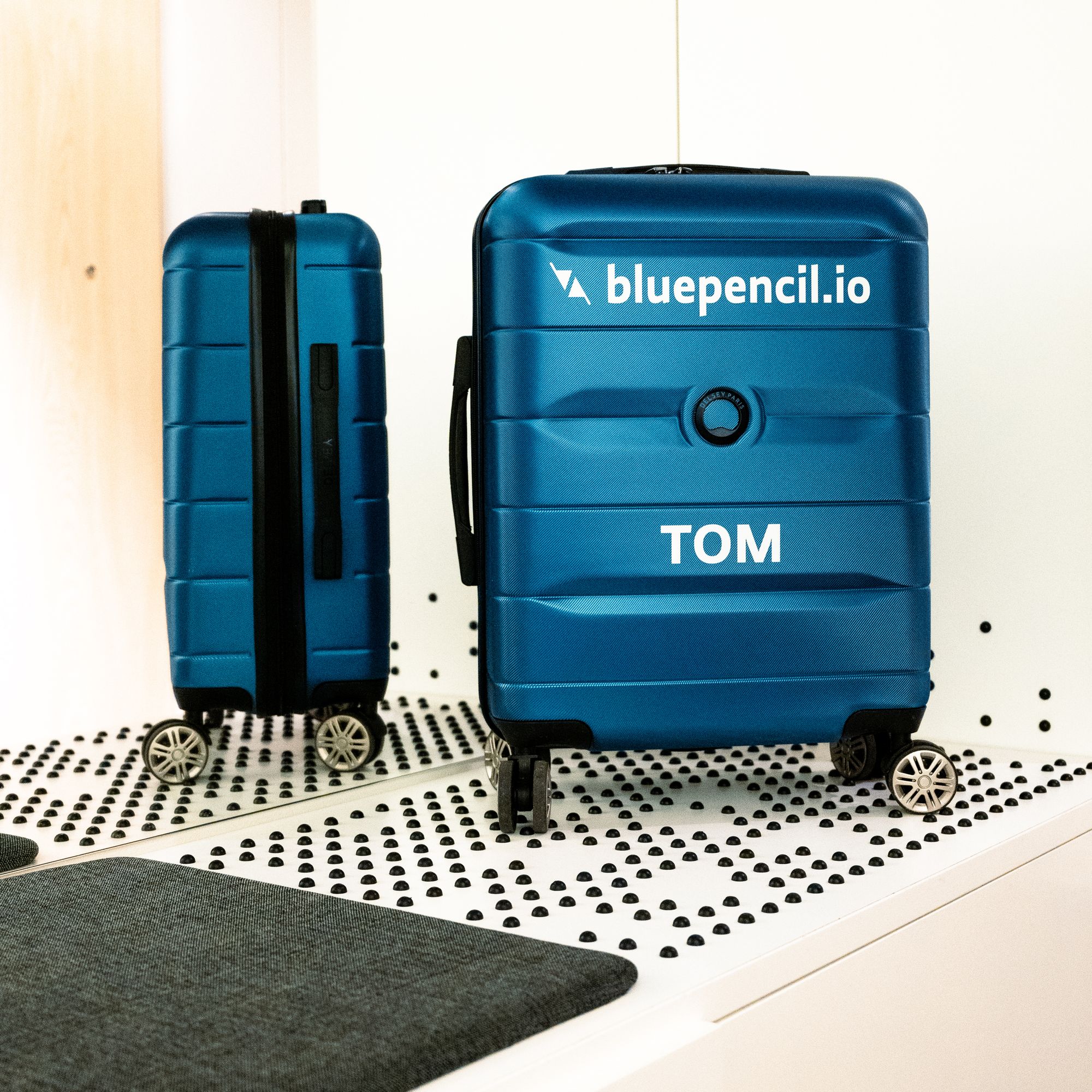Trolly, stickered with bluepencil.io and Tom - ready to be filled with insights and experiences
